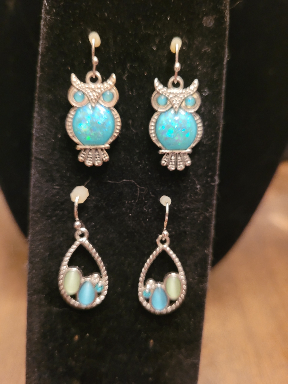 2 Pair Earrings - Blue Opal Owl & Blue, Pale Green Stones Teardrop Earrings